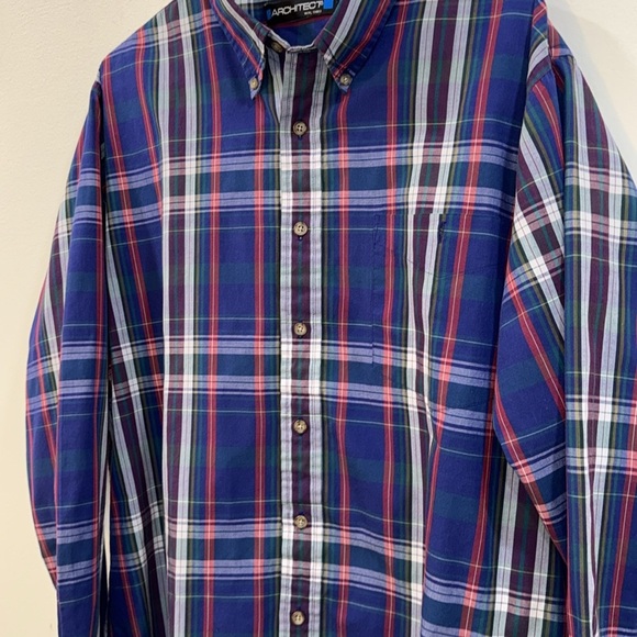 Architect XL l/s button down in plaid blue,red, purple, and tan. 55% cotton - Picture 2 of 6